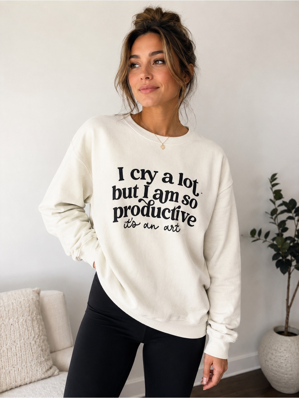 Cream Graphic Crewneck Sweater with Black Script